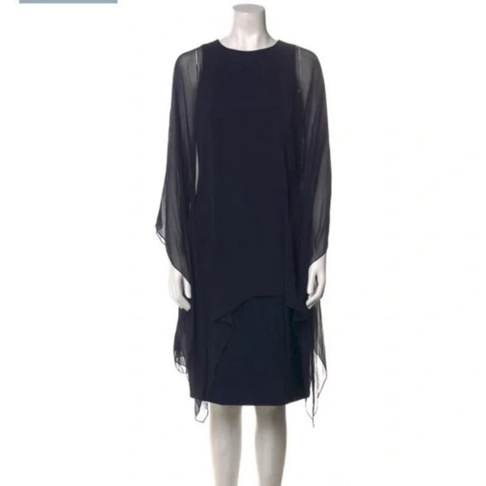 Rickie Freeman for Teri Jon Navy Chiffon Cape Crepe Overlay Dress